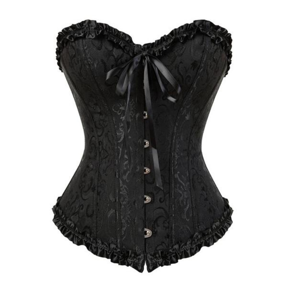 New! Black Brocade Sweetheart Corset With Ruffle